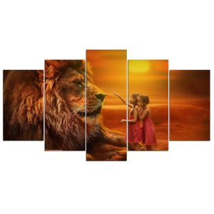 Tableau Lion Complice toile de coucher de soleil