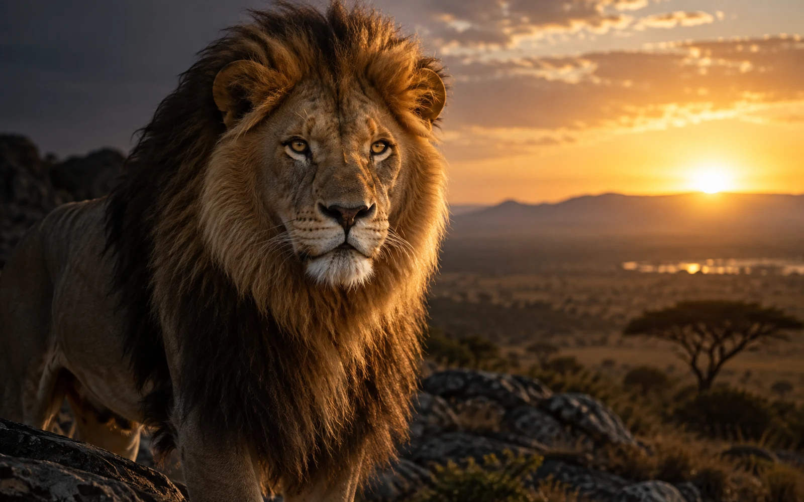 Lion entre lumière dorée et ombre, symbole de pouvoir et de courage