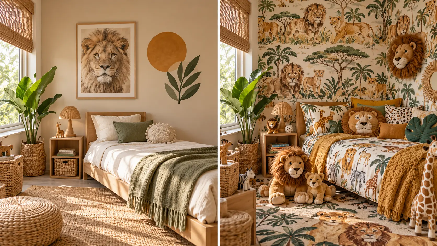 Comparaison entre une décoration lion équilibrée et une chambre savane surchargée