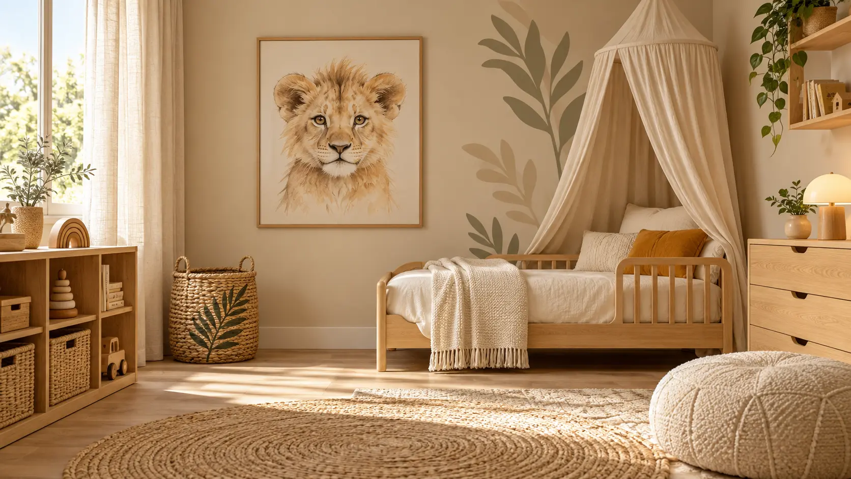 Chambre d’enfant savane sobre avec un portrait de lion, des tons sable et du bois clair