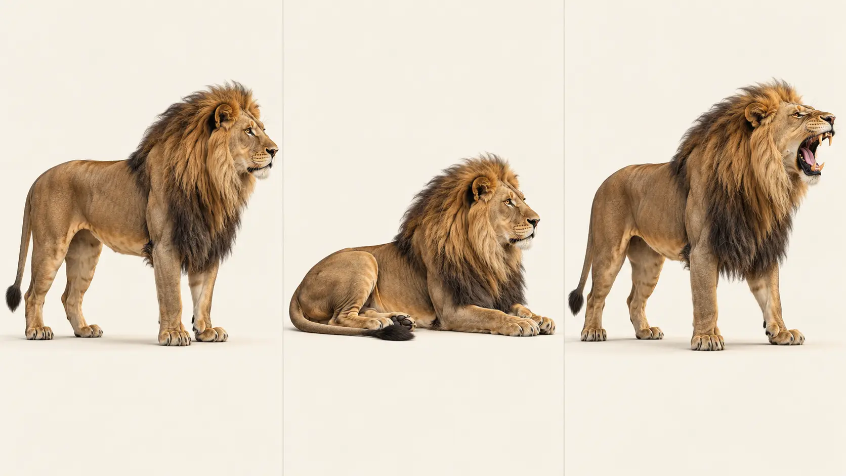 Comparaison d’un lion debout, d’un lion couché et d’un lion rugissant, avec leurs lignes de posture